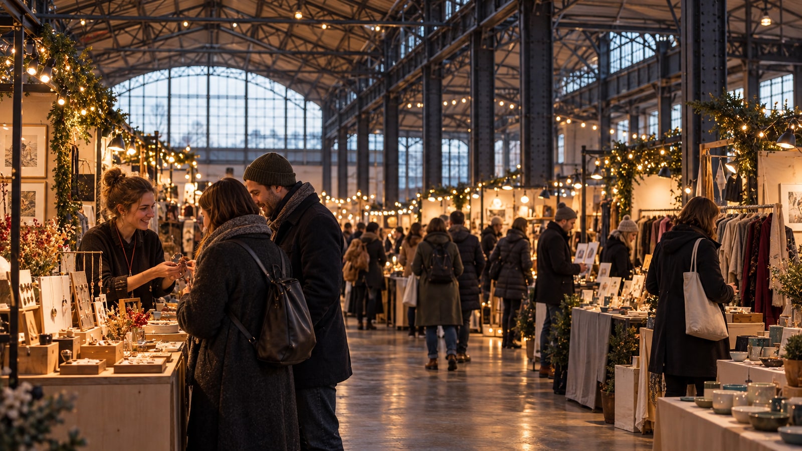 Generated scene: Christmas design market beneath the steel roof trusses of MARX HALLE.