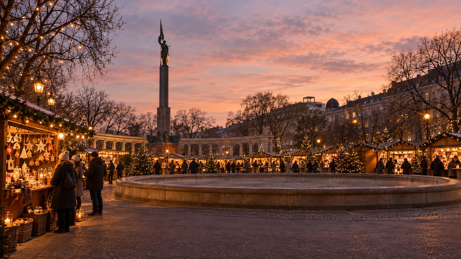 Generated scene: Advent stalls and lights around the Hochstrahlbrunnen at Schwarzenbergplatz.