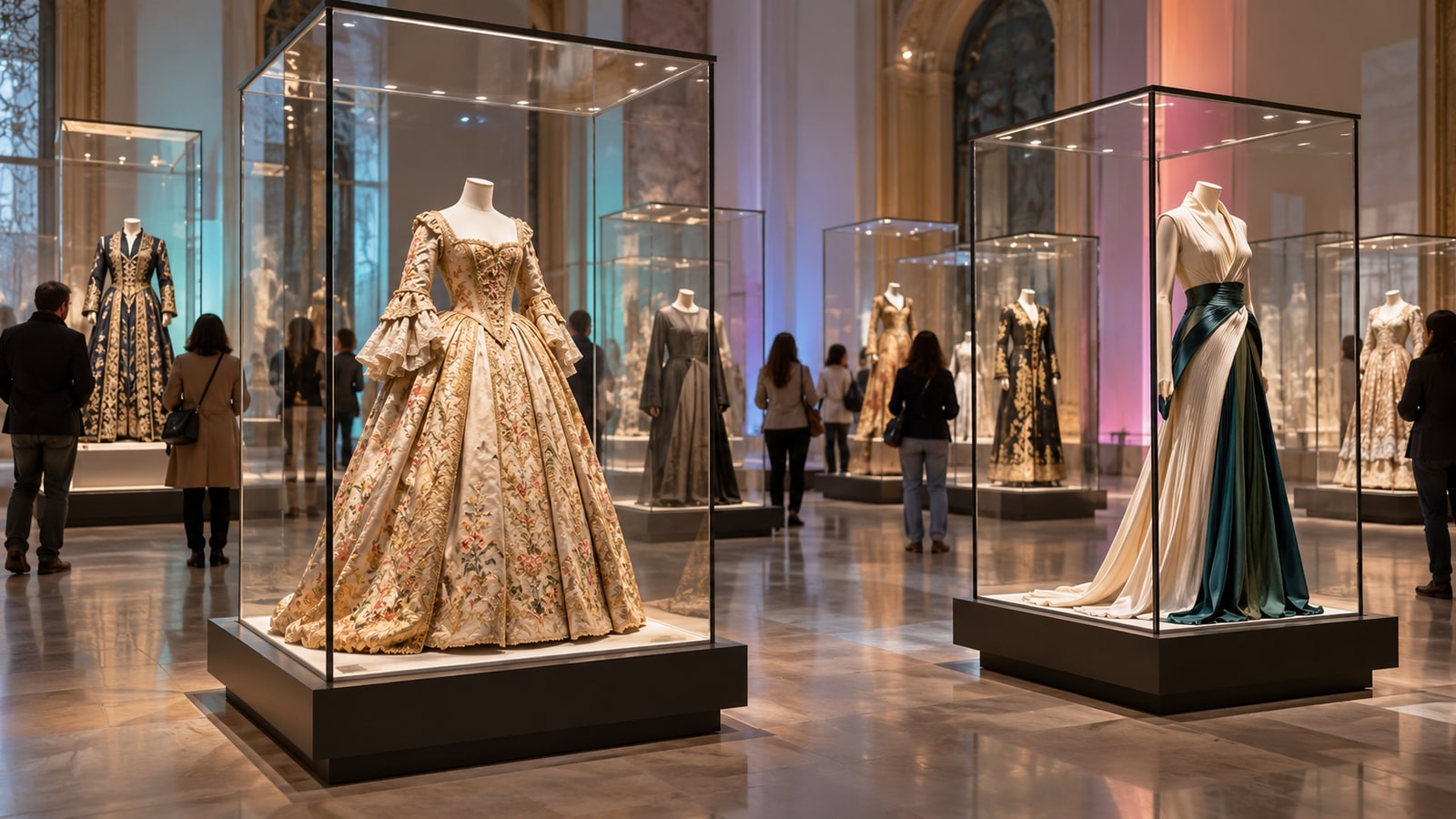 Historic and modern garments on mannequins in an exhibition