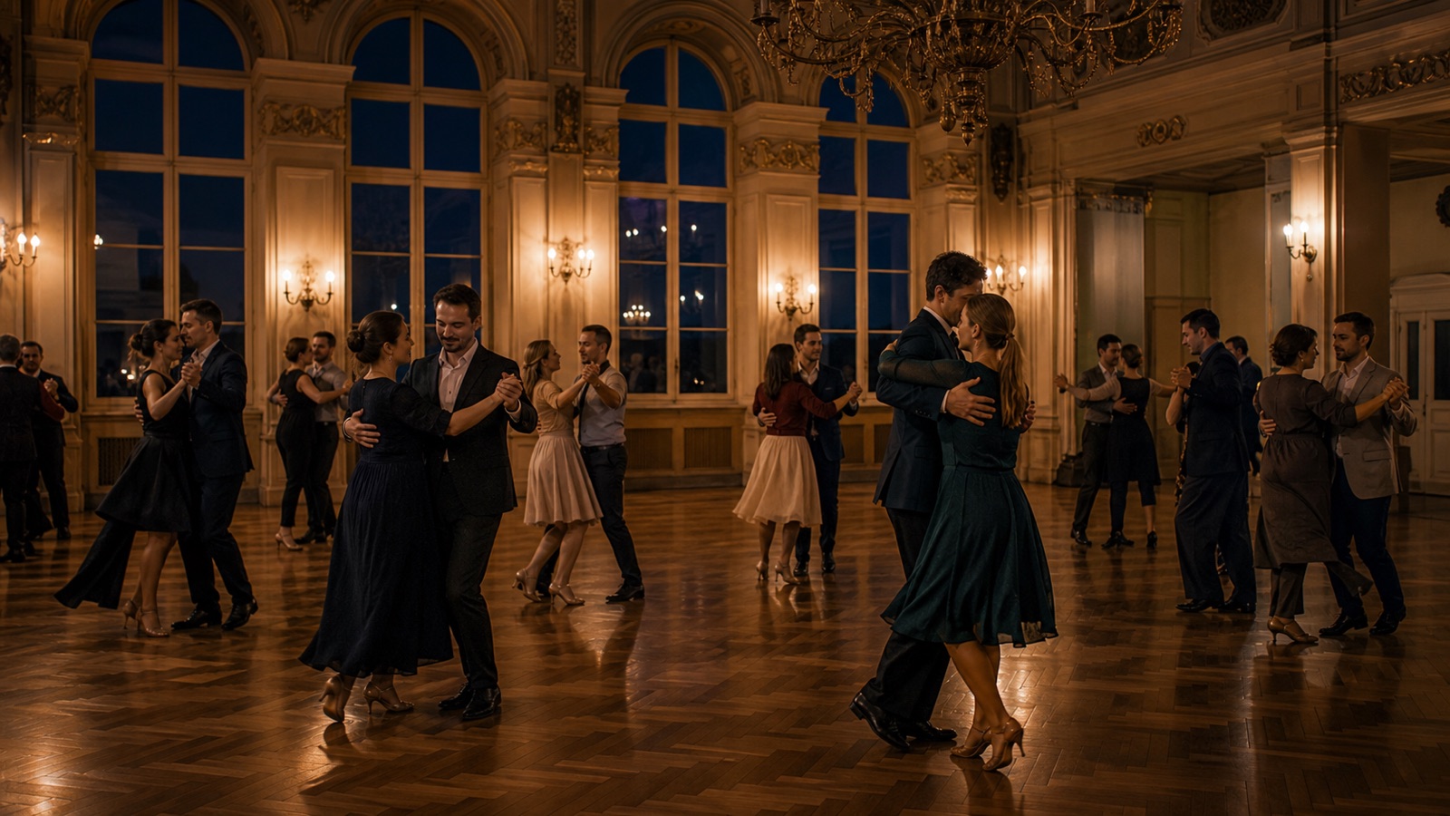 Couples at a classic dance evening in a Viennese ballroom