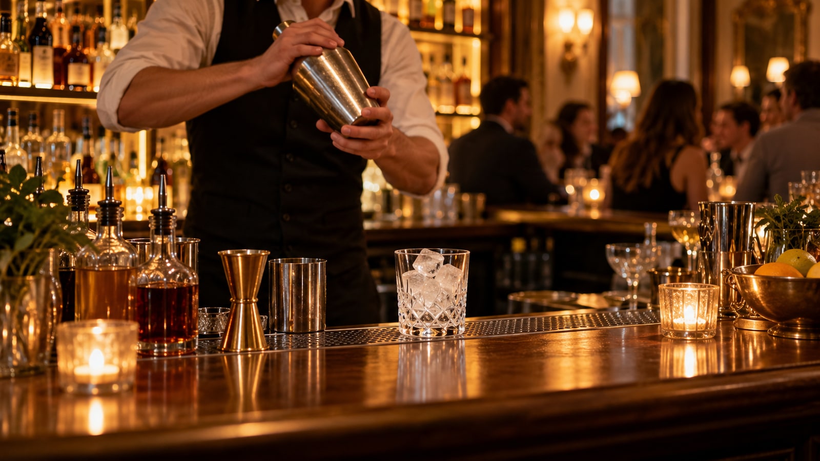 Bartender mixing cocktails at a warmly lit bar