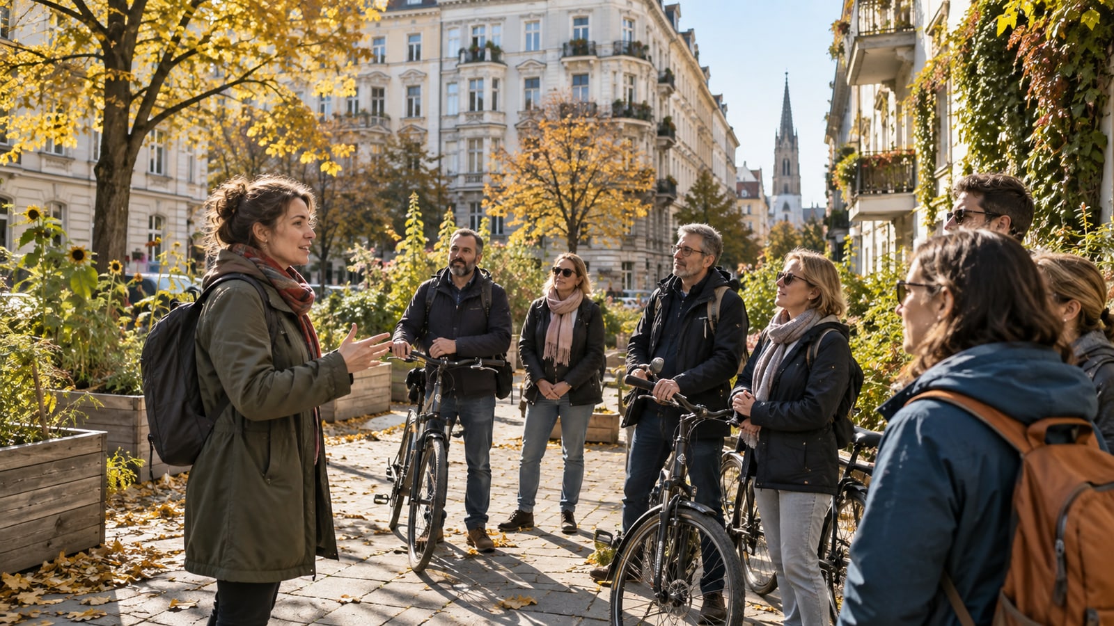 Group exploring the city on foot and by bicycle