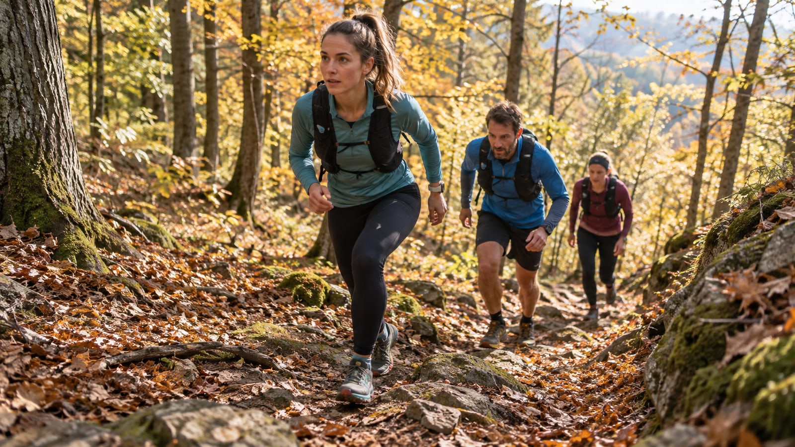 Runners on a forest trail